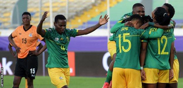 South Africa celebrate a goal against Zambia at the Women's Africa Cup of Nations