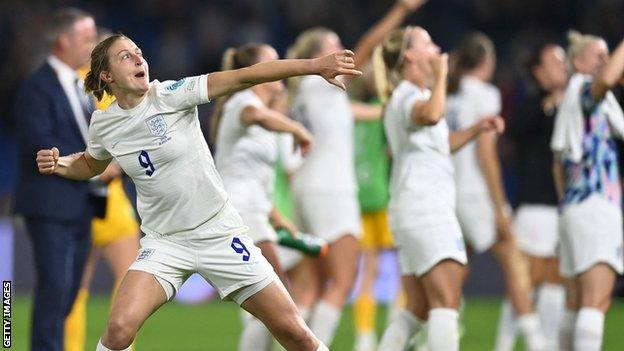 England celebrate with fans following victory over Spain