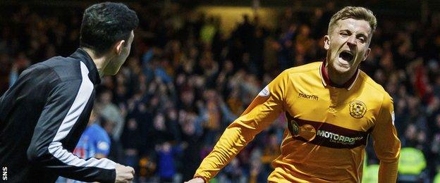 Elliott Frear celebrates scoring Motherwell's third goal