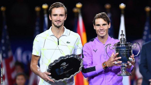 Daniil Medvedev and Rafael Nadal with their US Open trophies