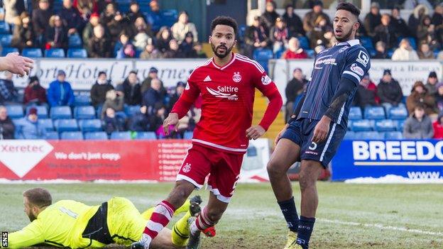 Aberdeen defender Shay Logan celebrates after scoring against Ross County