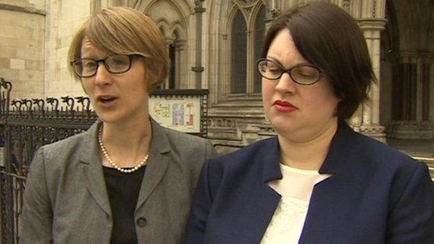 Clare Phipps (left) and Sarah Cope outside the High Court