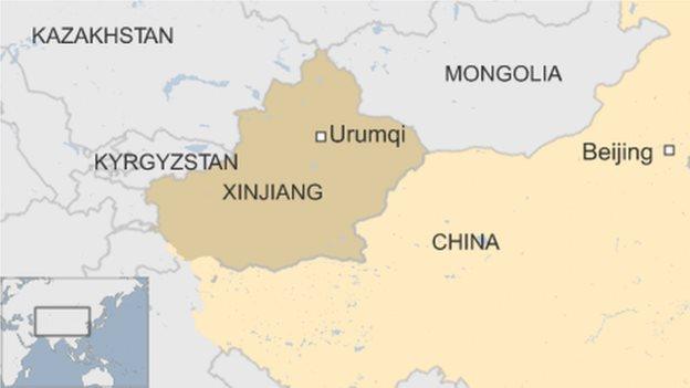 Map of China showing Xinjiang and its capital city Urumqi