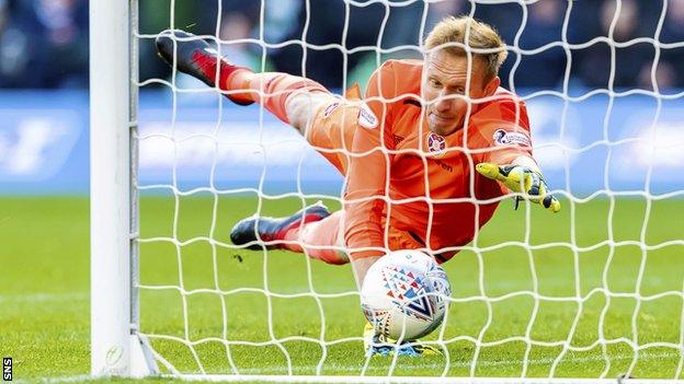 Hearts goalkeeper Zdenek Zlamal scrambles the ball off the line