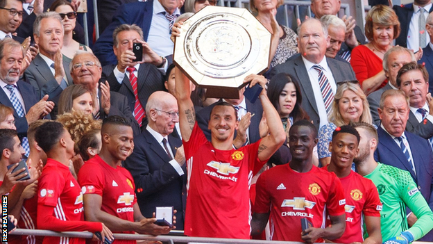 Zlatan Ibrahimovic celebrates Manchester United's Community Shield win at Wembley.