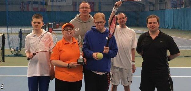 Wendy Glasper (second left) and students at a North East VI Tennis Club session