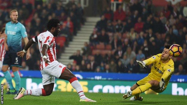 Wilfried Bony scores for Stoke against Swansea