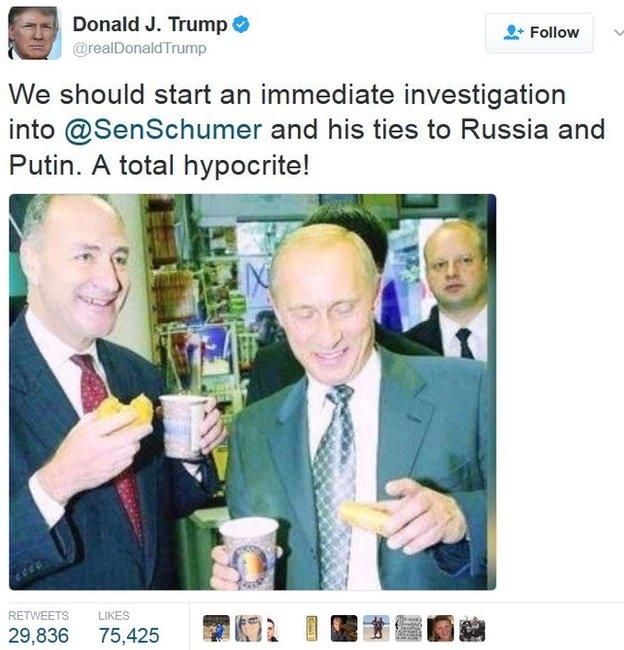 Trump tweet: "We should start an immediate investigation into @SenSchumer and his ties to Russia and Putin. A Total hypocrite"