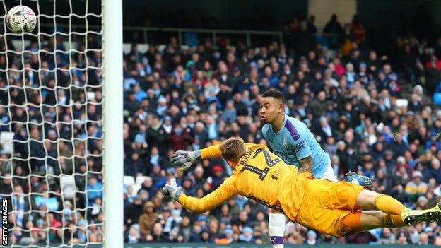 Manchester City's Gabriel Jesus heads home against Fulham in the FA Cup