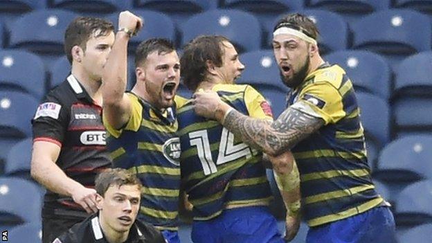 Cardiff Blues celebrate Blaine Scully's try