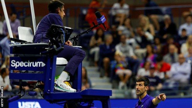 Novak Djokovic complains to the umpire at the US Open