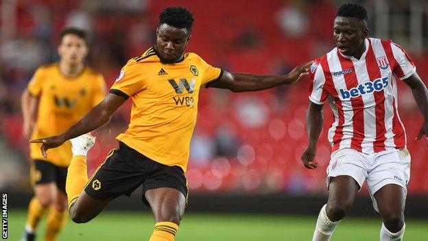 Bright Enobakhare playing for Wolves against Stoke