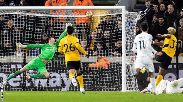 Wolves' Adama Traore hits the bar