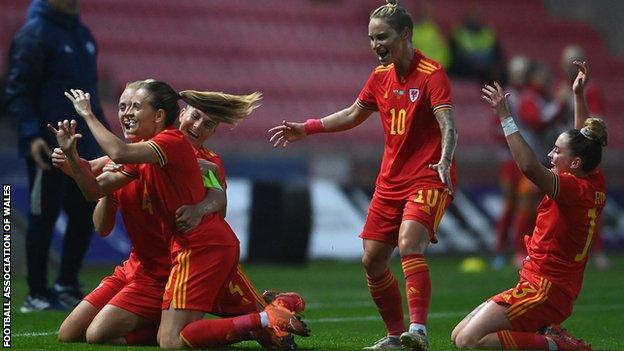 Wales players celebrate during their thumping win over Kazakhstan in Llanelli