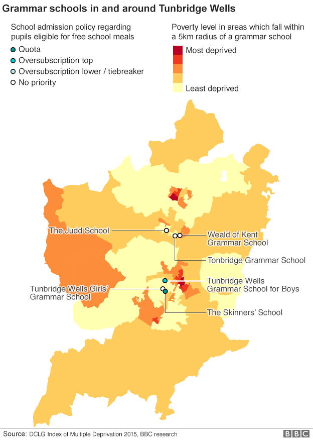 Map of deprivation and grammar schools near Tunbridge Wells