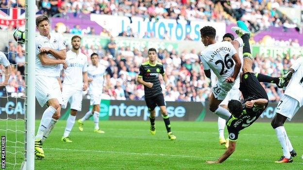 Chelsea striker Diego Costa scores an overhead kick against Swansea to earn his side a 2-2 draw