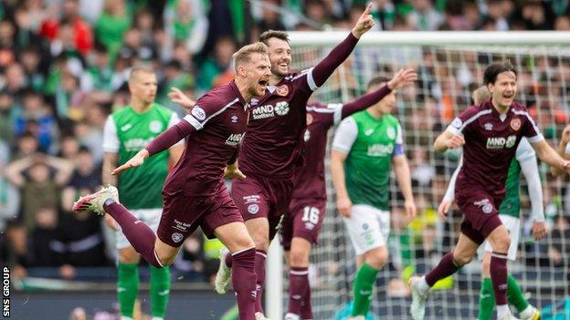 Stephen Kingsley celebrates a stunning goal in the semi-final victory over Hibs