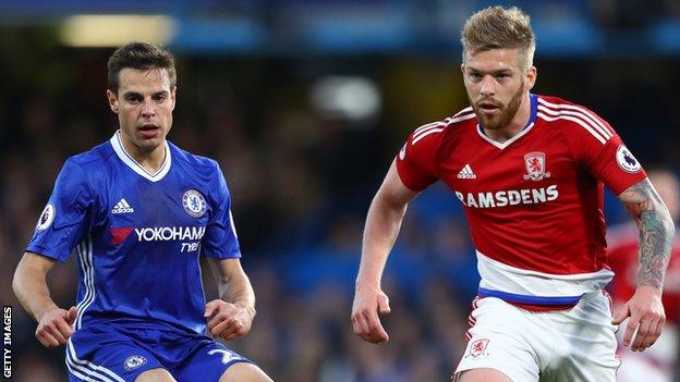 Middlesbrough's Adam Clayton in action against Cesar Azpilicueta of Chelsea