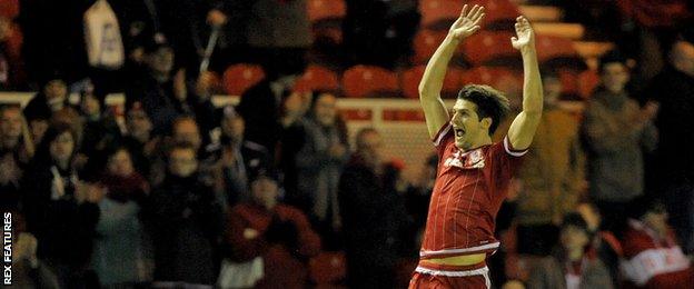 George Friend celebrates his goal against Derby