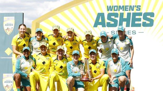 Australia celebrate with Women's Ashes trophy