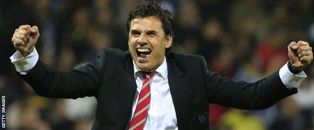 Chris Coleman celebrates a Wales goal