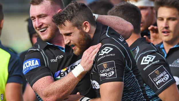 Glasgow Warriors' Stuart Hogg and Tommy Seymour celebrate against Leinster