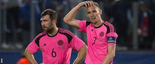 Scotland's James McArthur and Darren Fletcher show their frustration against France