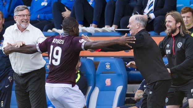 Craig Levein celebrates on Saturday as Hearts beat Kilmarnock