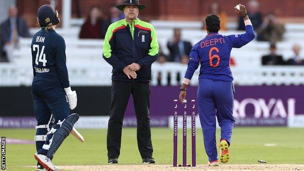 Deepti Sharma runs out England's Charlie Dean