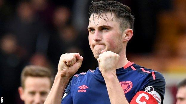 John Souttar celebrates Hearts' win at Motherwell