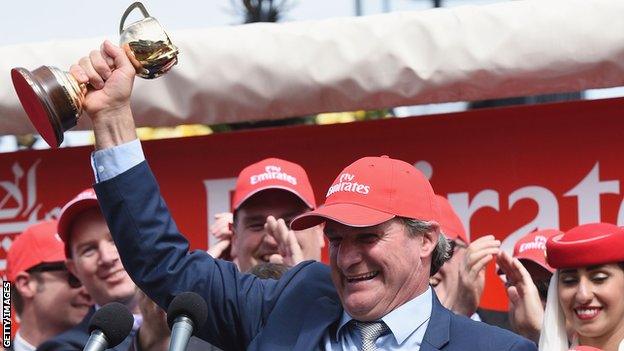 Darren Weir celebrates winning the Melbourne Cup in 2015