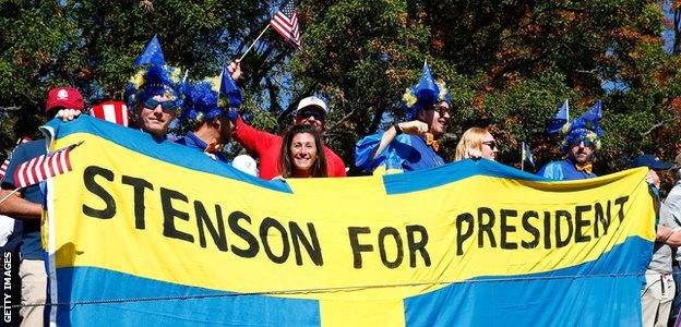 Henrik Stenson fans during the 2016 Ryder Cup