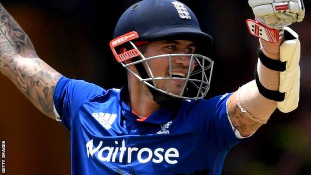 Alex Hales celebrates his hundred for England against West Indies