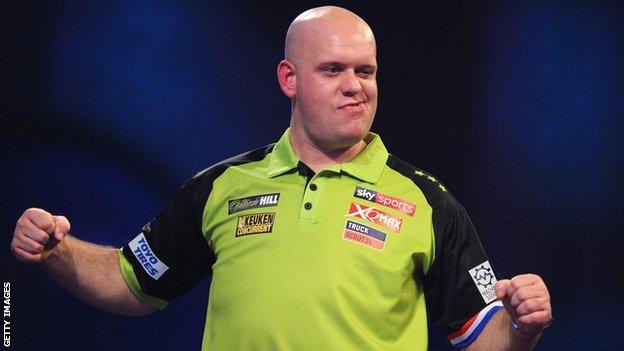 Michael van Gerwen celebrates during victory over Ricky Evans at the PDC World Championship