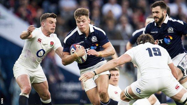 Huw Jones playing for Scotland against England