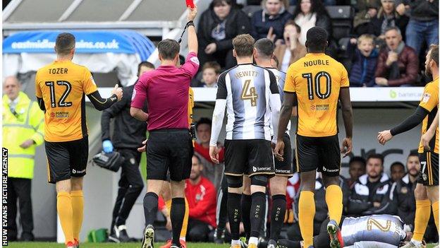 Newport defender Dan Butler was sent off in the 3-0 loss at Notts County