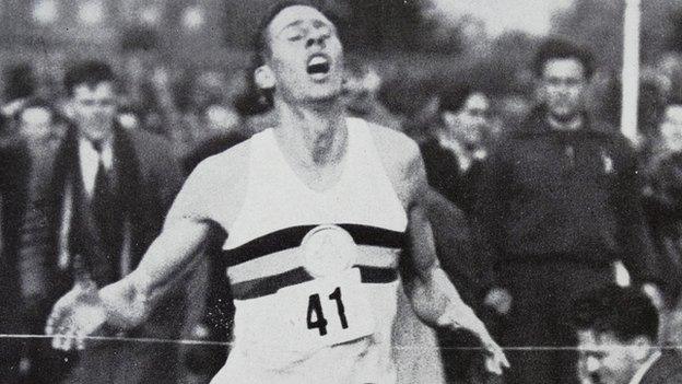 Sir Roger Bannister (finish line) runs under four minutes on 6 May 1954