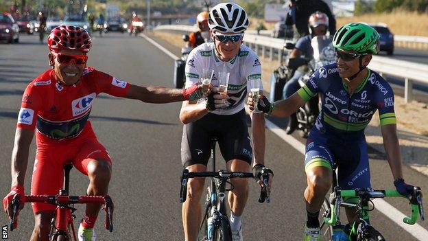 Winner Nairo Quintana, runner-up Chris Froome and third-placed Esteban Chaves toast their success