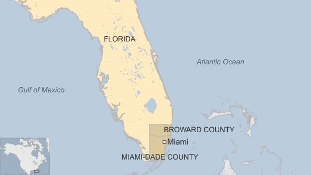 Map of Florida showing neighbouring Miami-Dade and Broward counties