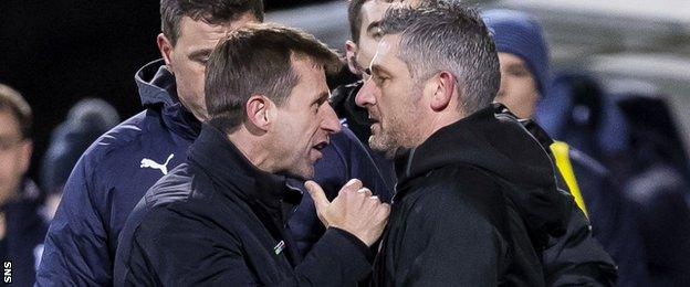 Dundee manager Neil McCann squares up to Aberdeen assistant Tony Docherty