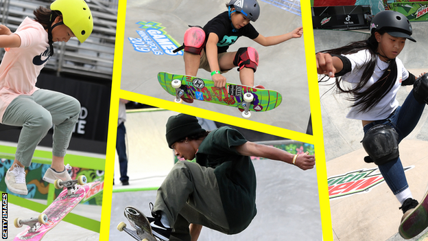 Some of Japan's Olympic skateboarders: Momiji Nishiya (left), Misugu Okamoto (centre, top), Ayumu Hirano (centre, bottom) Kokona Hiraki (right)