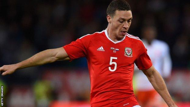 James Chester playing for Wales against Netherlands