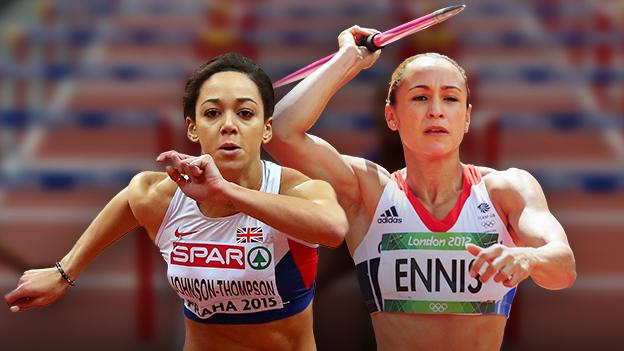 Katarina Johnson-Thompson (left) in action on the track while Jessica Ennis-Hill throws the javelin