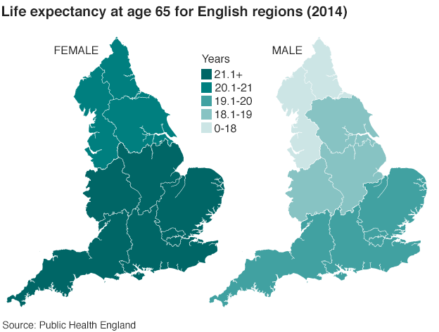 Two maps showing the regional differences in life expectancy for men and women at age 65