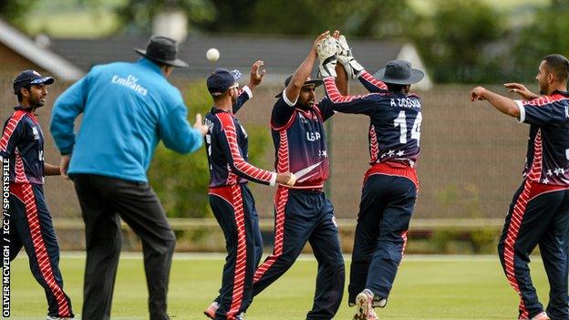 USA celebrate a wicket against Jersey