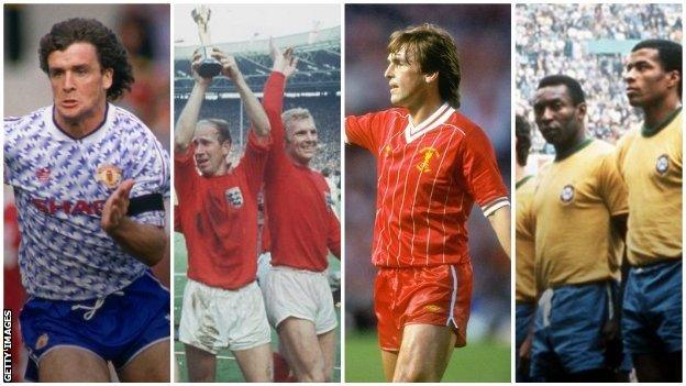 Man Utd 1990, England 1966, Liverpool 1984 and Brazil 1970 kits