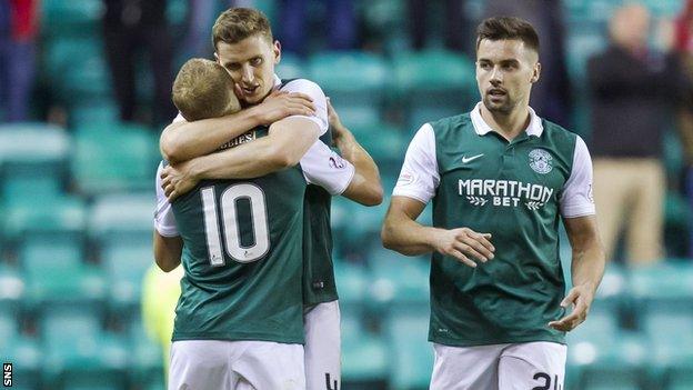 Hibernian trio Dylan McGeouch (left), Paul Hanlon (centre) and Darren McGregor celebrate at full-time