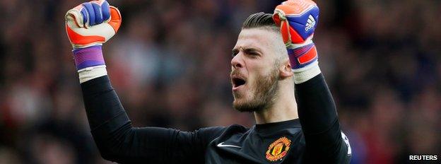 David De Gea celebrates after Ander Herrera (not pictured) scores the first goal for Manchester United