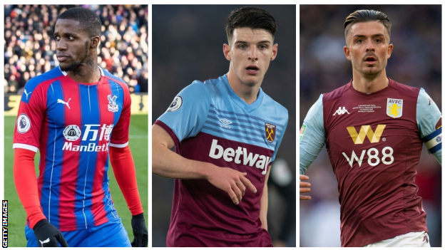Crystal Palace winger Wilfried Zaha, West Ham midfielder Declan Rice and Aston Villa midfielder Jack Grealish
