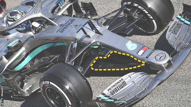 Mercedes during testing showing the 'cape'